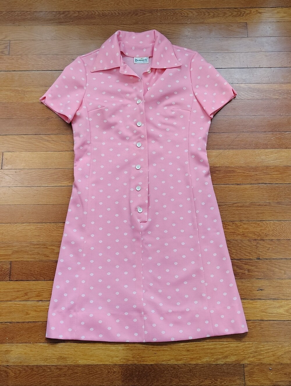 60s Vintage Polka Dot Pink Short Sleeve Button Up Collared Day Dress Size Large